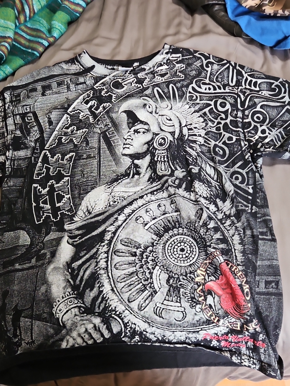 Black & White Graphic Men's T-Shirt with Aztec Warrior Print